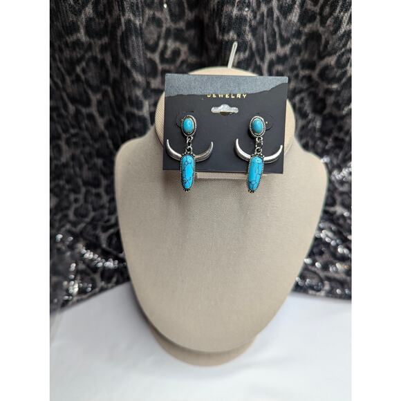 Turquoise Western Steer Bull Head Earrings - Picture 6 of 7